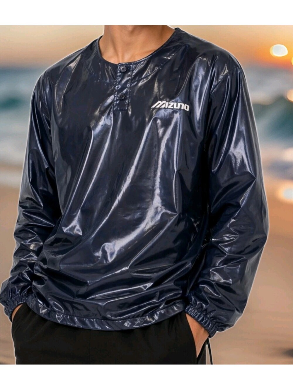 Vtg Mizuno Polyurethane Wet Look Baseball Warmup BP Jacket Mens Large Navy USA